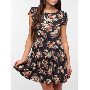 PINS AND NEEDLES Navy Floral Print Tulip Sleeve Drop Waist Dress Medium